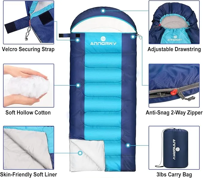 Sleeping Bag anngrowy Camping Sleeping Bags for Adults Kids Ultralight Backpacking Emergency 4 Season Cold Weather Summer Winter Waterproof Compact Cotton Sleeping Bag, Outdoor Mountaineering, Hiking