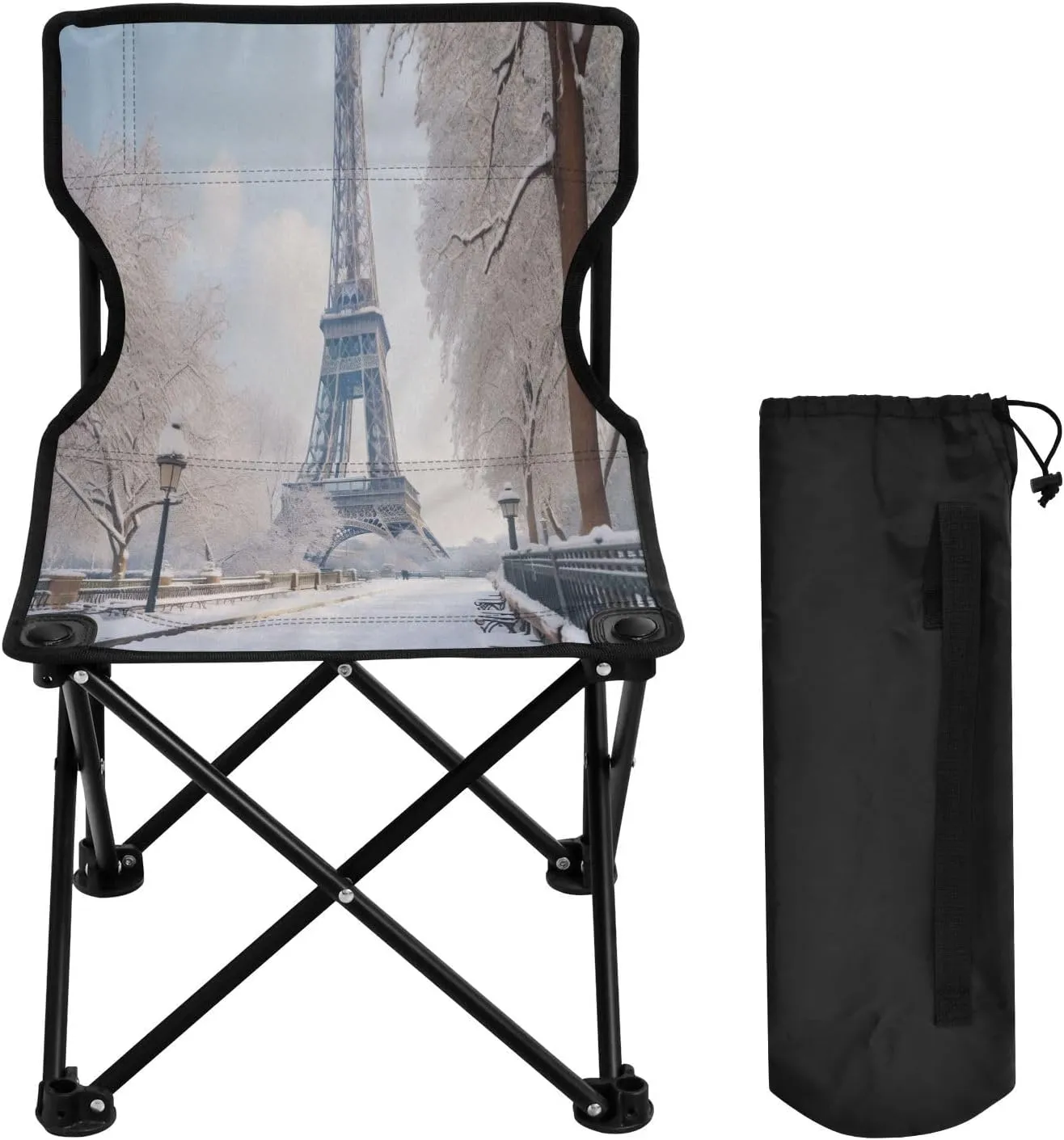 Snowy Paris Tower Portable Outdoor Folding Chair Anti-Slip Padded Oxford Cloth Stool Camping Chair Small for Beach Hiking Fishing Gardening Quad Camp Chair