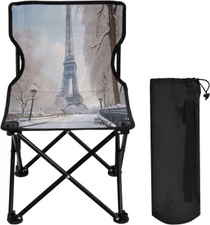 Snowy Paris Tower Portable Outdoor Folding Chair Anti-Slip Padded Oxford Cloth Stool Camping Chair Small for Beach Hiking Fishing Gardening Quad Camp Chair
