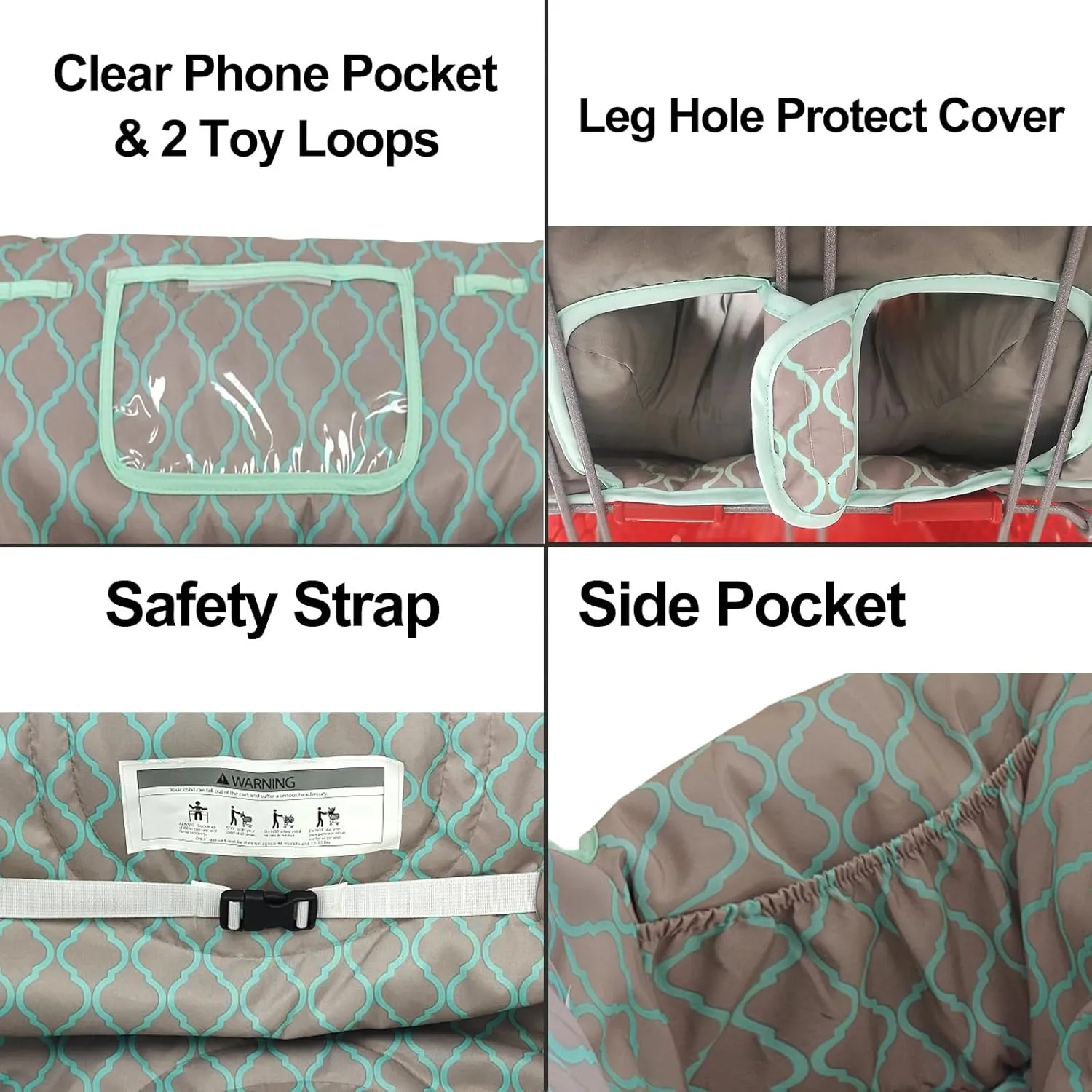 Soft Pillow Attached 2-in-1 Shopping Cart and High Chair Cover for Baby, Cotton Padded Cart Cover, Fold'n Roll Style, Portable with Carry Bag (Gray Grid)