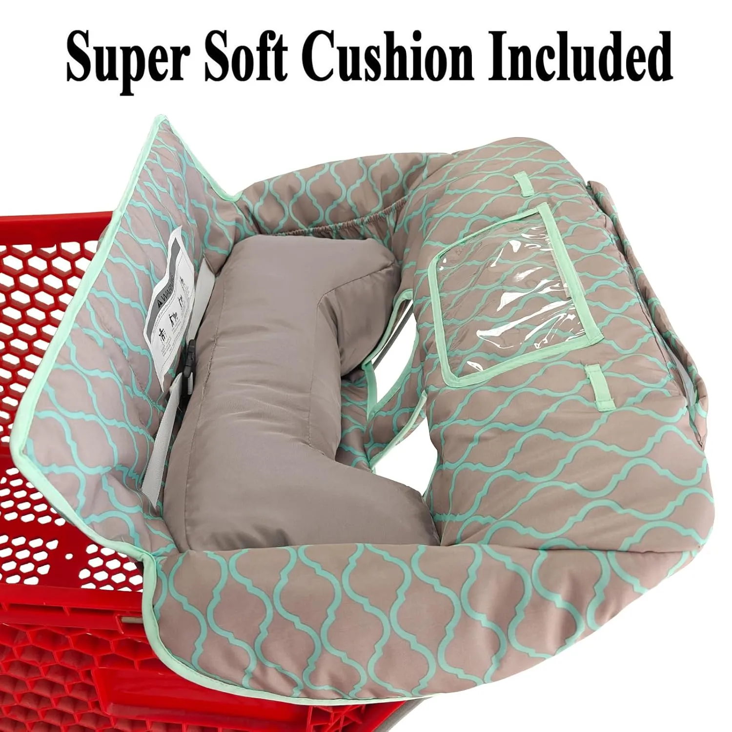 Soft Pillow Attached 2-in-1 Shopping Cart and High Chair Cover for Baby, Cotton Padded Cart Cover, Fold'n Roll Style, Portable with Carry Bag (Gray Grid)