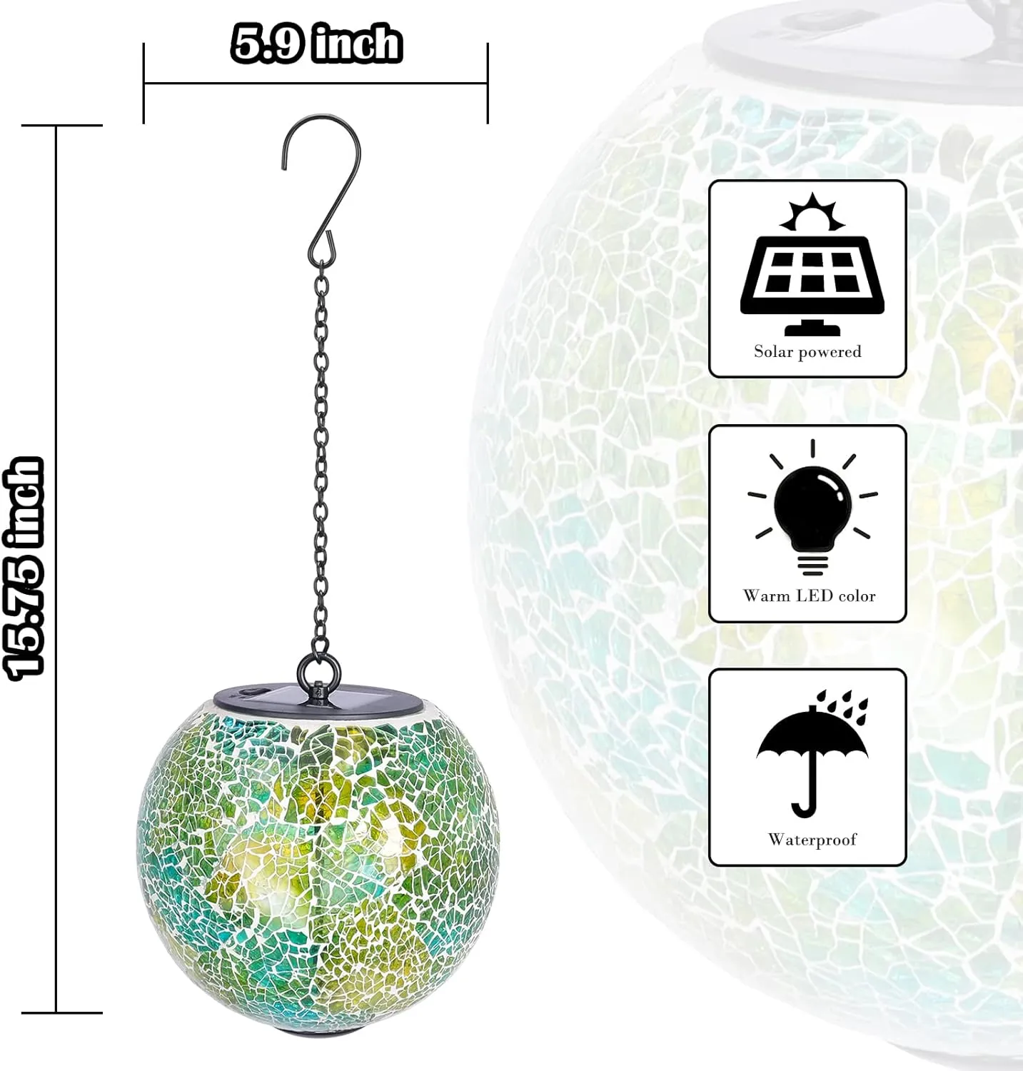 Solar Hanging Lantern Solar Outdoor Lanterns Mosaic Gazing Ball Outdoor Hanging Lights Outdoor Lights Waterproof Garden, Patio, Pathway & Yard Décor Green