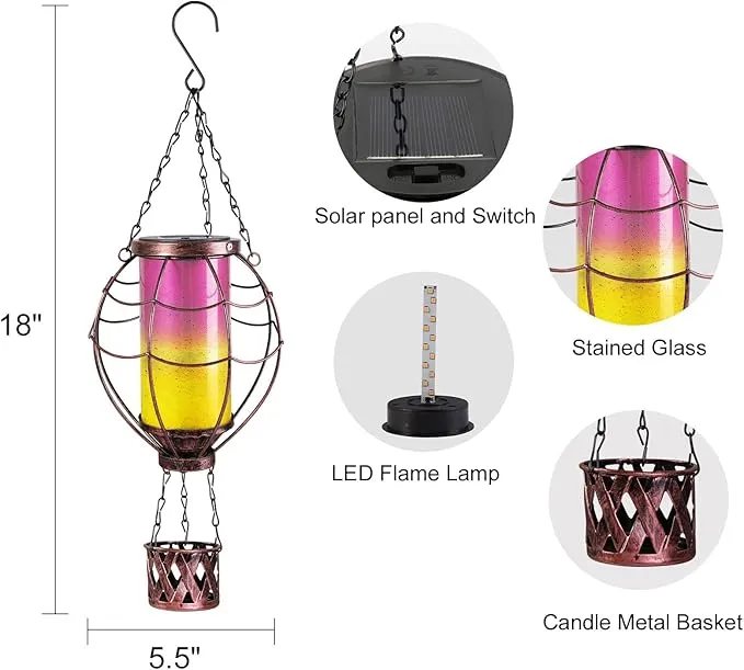 Solar Hot Air Balloon Decor,Metal LED Balloon Lights,Hanging Lanterns Outdoor Waterproof,Hot Air Balloon Solar Lantern for Garden Patio Pathway Yard Porch Decorations(Yellow Pink)