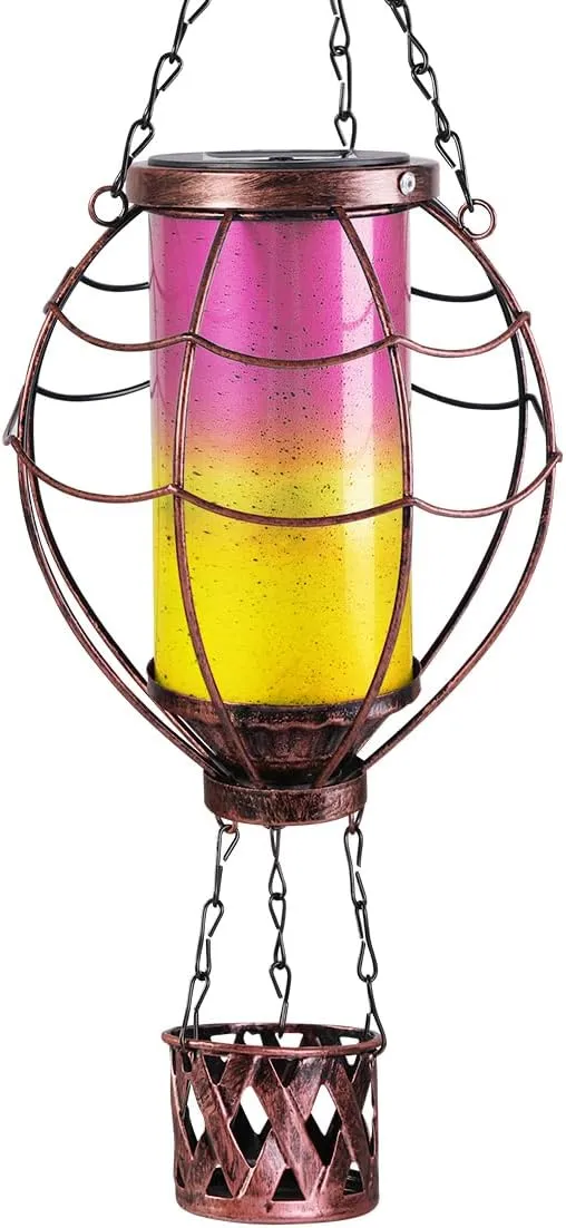 Solar Hot Air Balloon Decor,Metal LED Balloon Lights,Hanging Lanterns Outdoor Waterproof,Hot Air Balloon Solar Lantern for Garden Patio Pathway Yard Porch Decorations(Yellow Pink)