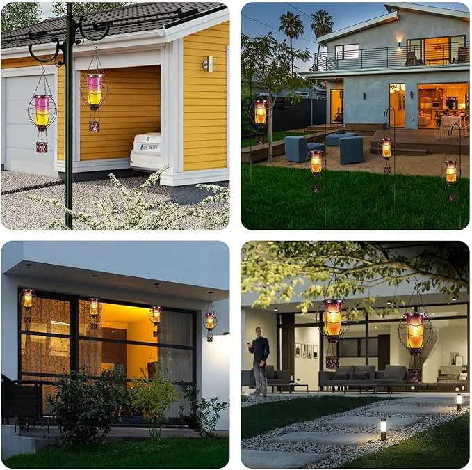 Solar Hot Air Balloon Decor,Metal LED Balloon Lights,Hanging Lanterns Outdoor Waterproof,Hot Air Balloon Solar Lantern for Garden Patio Pathway Yard Porch Decorations(Yellow Pink)