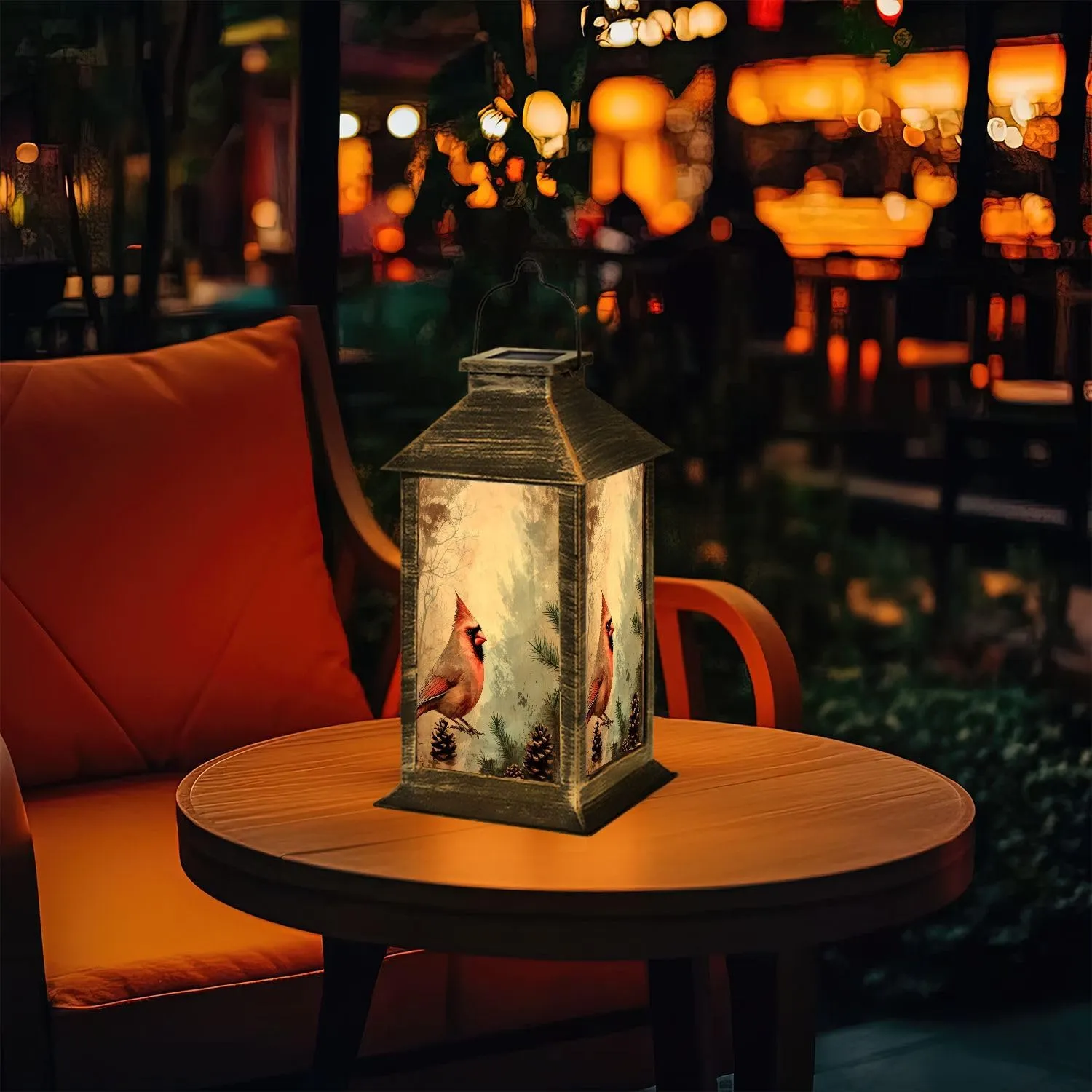 Solar Lantern Antique Cardinal Art Pine Evergreen Distressed Canvas Design Outdoor Waterproof Garden Hanging Lantern Solar Powered Lighting Outside Table Lamp for Patio Deck Camping 1 Pack