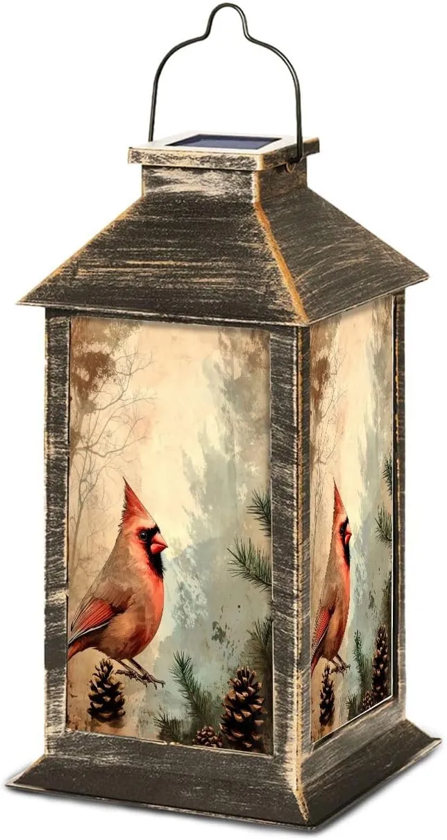 Solar Lantern Antique Cardinal Art Pine Evergreen Distressed Canvas Design Outdoor Waterproof Garden Hanging Lantern Solar Powered Lighting Outside Table Lamp for Patio Deck Camping 1 Pack