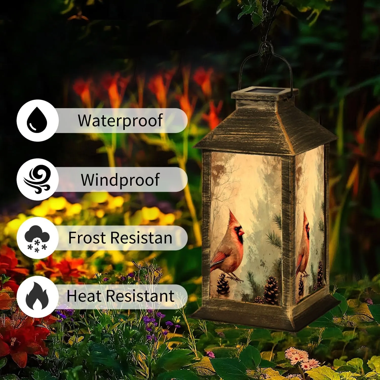 Solar Lantern Antique Cardinal Art Pine Evergreen Distressed Canvas Design Outdoor Waterproof Garden Hanging Lantern Solar Powered Lighting Outside Table Lamp for Patio Deck Camping 1 Pack