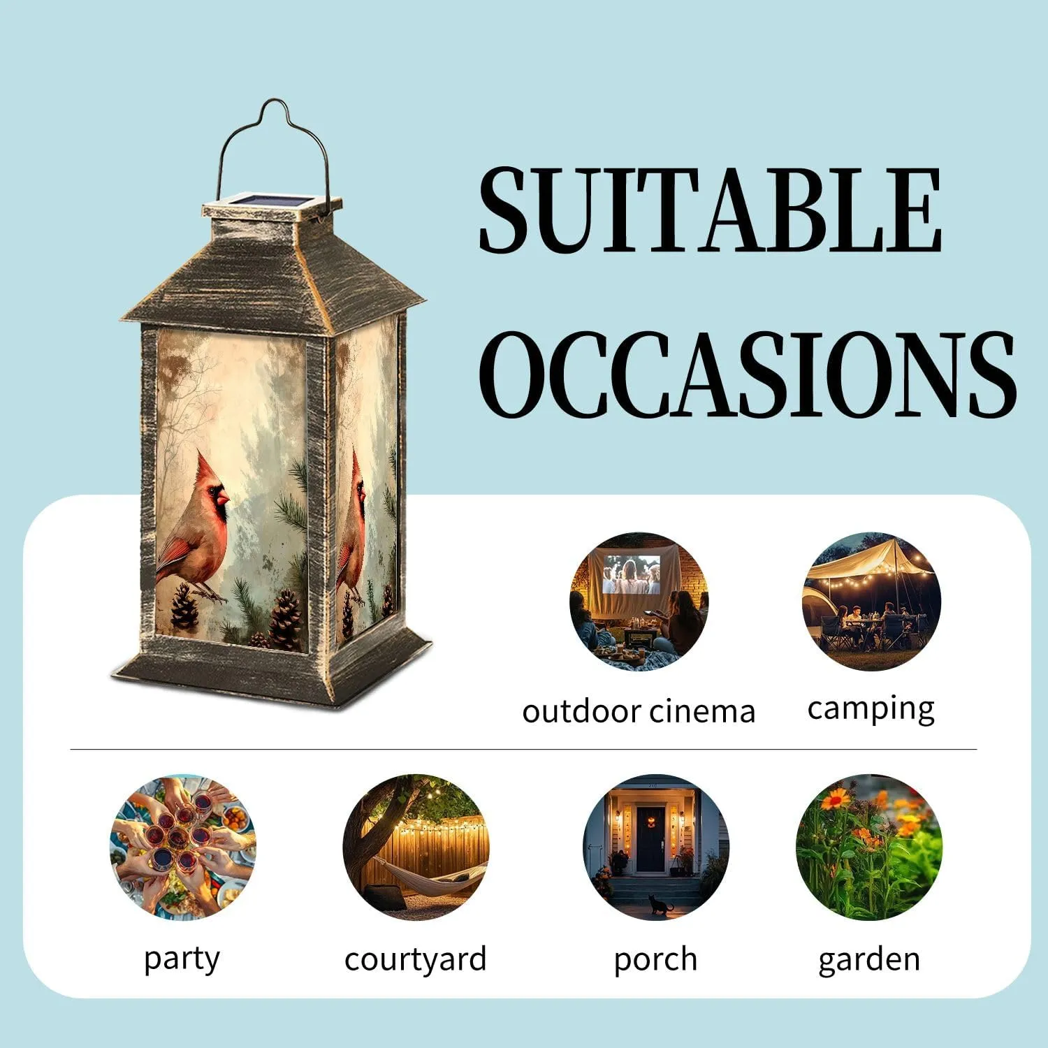 Solar Lantern Antique Cardinal Art Pine Evergreen Distressed Canvas Design Outdoor Waterproof Garden Hanging Lantern Solar Powered Lighting Outside Table Lamp for Patio Deck Camping 1 Pack