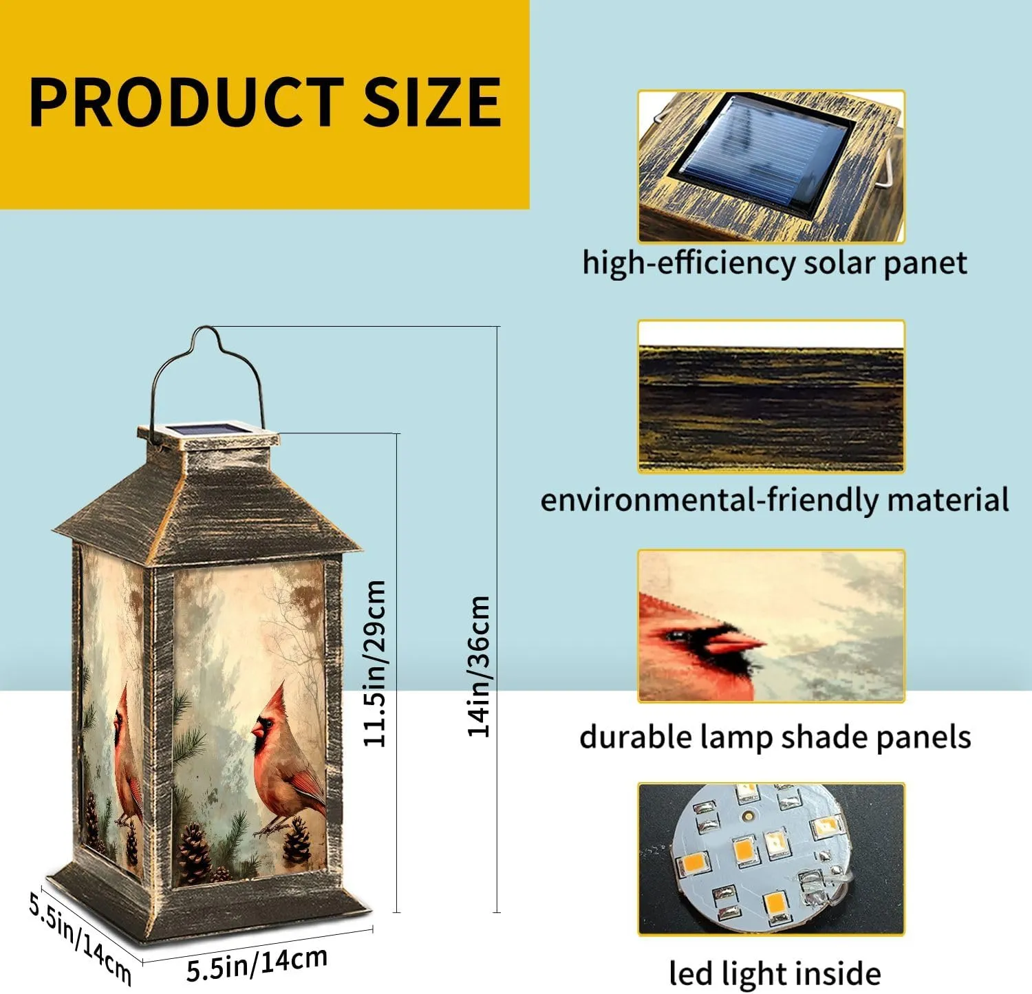 Solar Lantern Antique Cardinal Art Pine Evergreen Distressed Canvas Design Outdoor Waterproof Garden Hanging Lantern Solar Powered Lighting Outside Table Lamp for Patio Deck Camping 1 Pack
