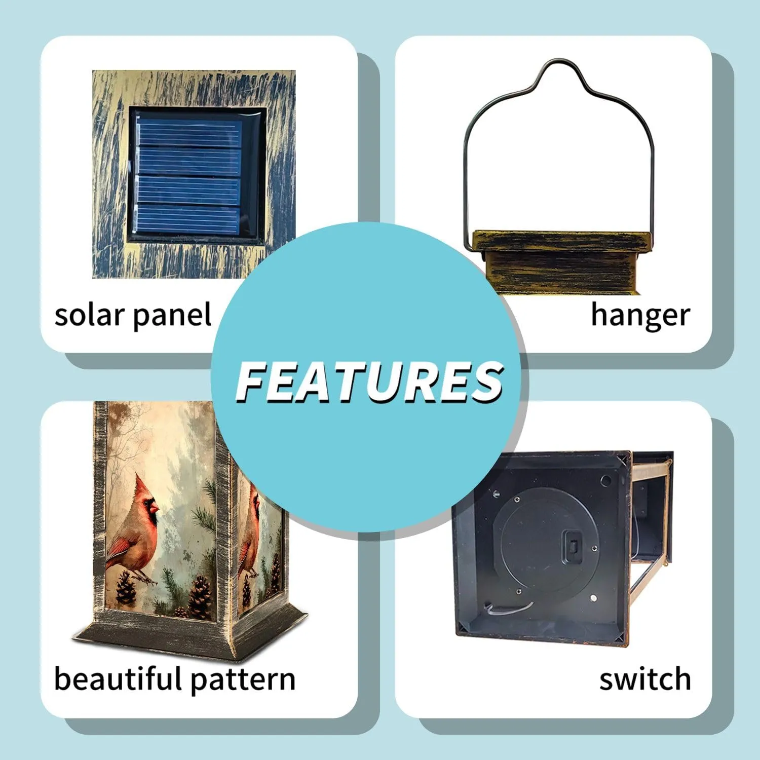 Solar Lantern Antique Cardinal Art Pine Evergreen Distressed Canvas Design Outdoor Waterproof Garden Hanging Lantern Solar Powered Lighting Outside Table Lamp for Patio Deck Camping 1 Pack