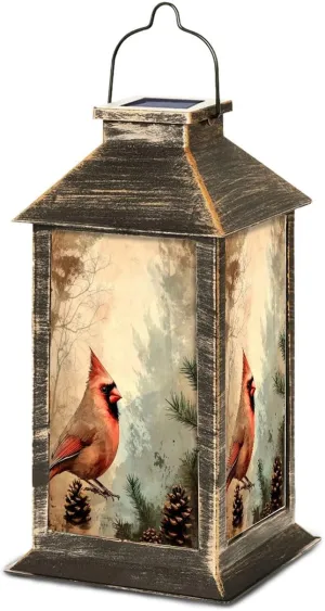 Solar Lantern Antique Cardinal Art Pine Evergreen Distressed Canvas Design Outdoor Waterproof Garden Hanging Lantern Solar Powered Lighting Outside Table Lamp for Patio Deck Camping 1 Pack