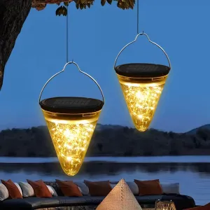 Solar Lantern, Hanging Solar Lights Outdoor Waterproof with 3 Modes, Solar Hanging Lantern with 50 LED Lights, Outdoor Lanterns for Porch, Garden and Pathway Decor, 2 Pack Warm White