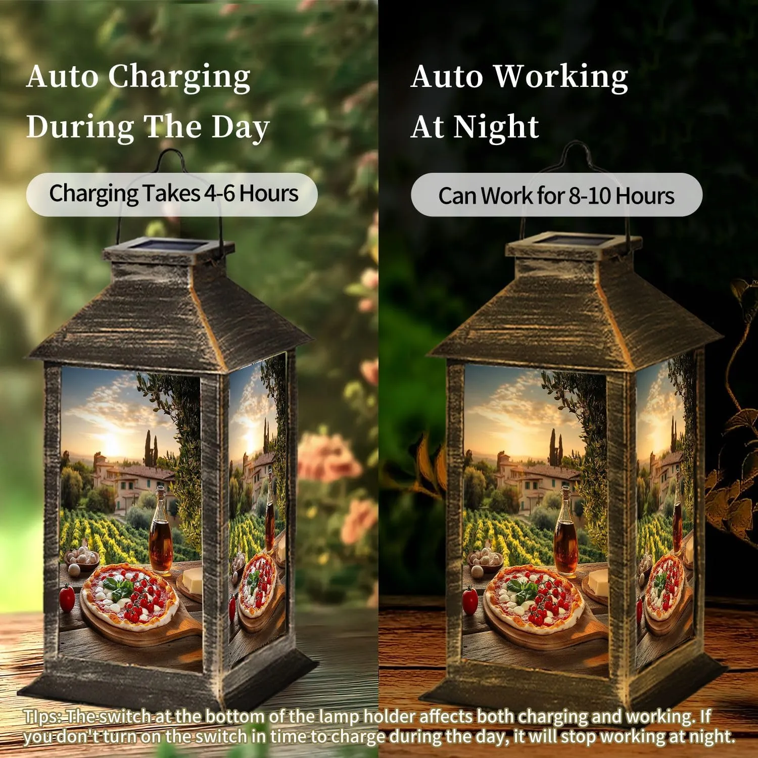Solar Lantern Italian Pizza Against Villa Tuscany Italy Outdoor Waterproof Garden Hanging Lantern Solar Powered Lighting Outside Table Lamp for Patio Deck Camping 1 Pack