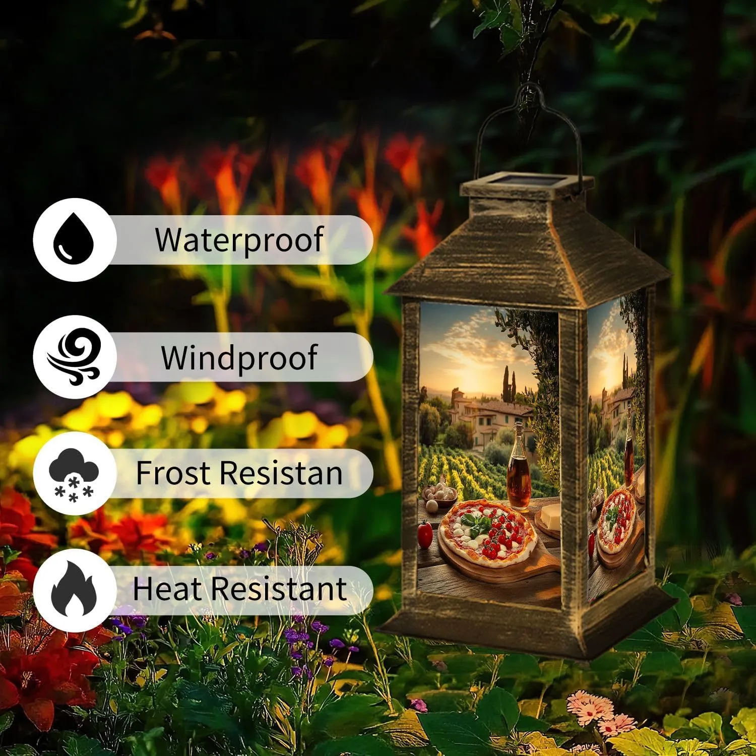 Solar Lantern Italian Pizza Against Villa Tuscany Italy Outdoor Waterproof Garden Hanging Lantern Solar Powered Lighting Outside Table Lamp for Patio Deck Camping 1 Pack