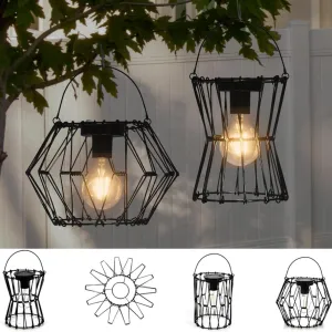 Solar Lanterns Outdoor Waterproof, 2 Pack Stretchable Metal Hanging Solar Lantern Lights, Auto ON/Off Hanging Handle Lamps Decorations for Outside Patio Porch Garden Yard Pathway