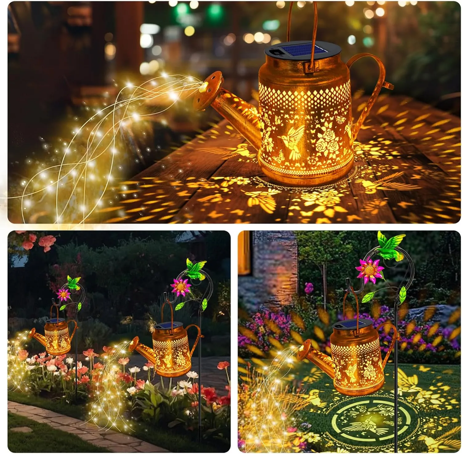 Solar Lanterns Outdoor Waterproof, Hummingbird Watering Can Garden Decor, Hanging Solar Path Lights Yard Art, Outside Patio Decoration Gardening Birthday Gifts for Mom Grandma Women with Shepherd Hook