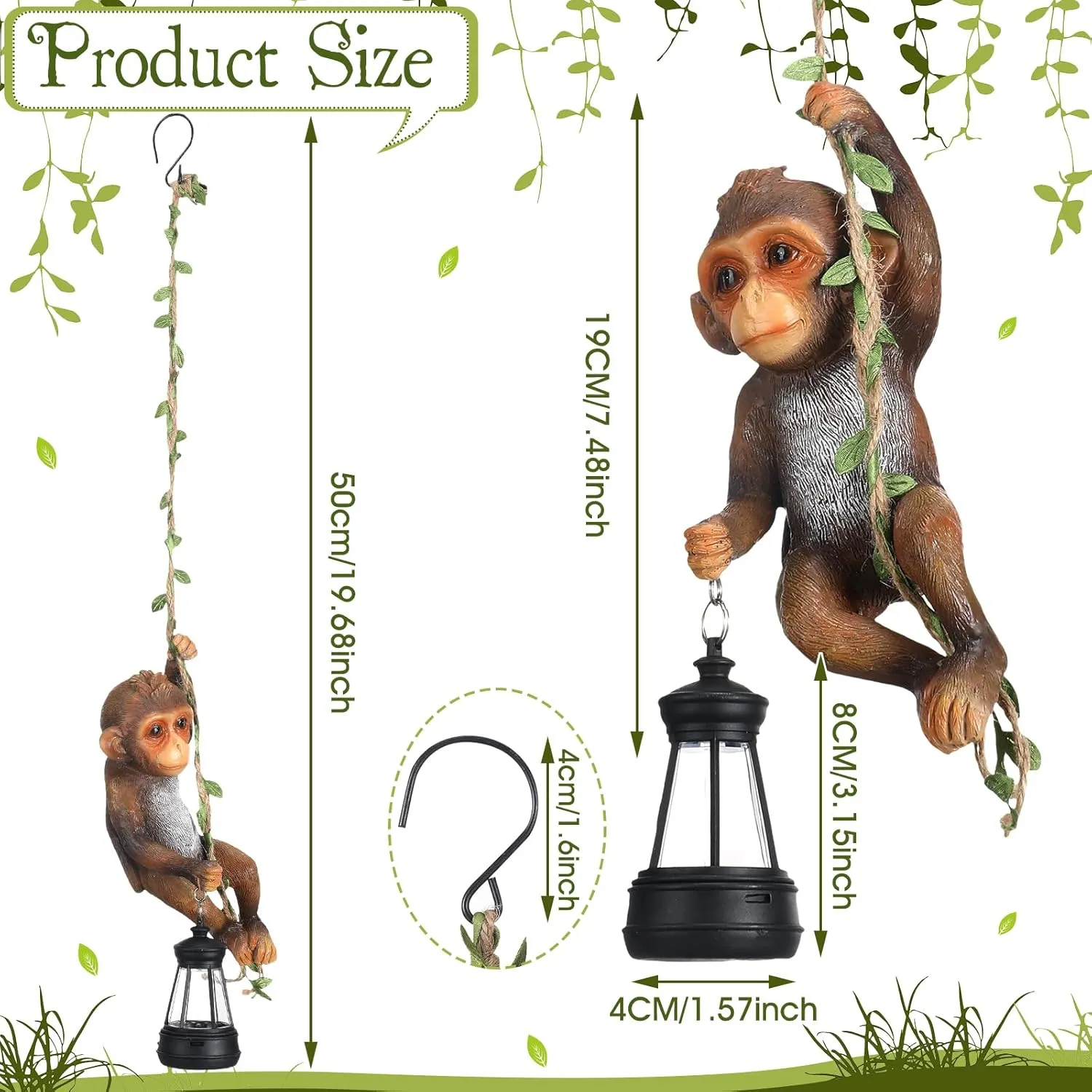 Solar Light Outdoor Statues 7.48'' H Resin Chimpanzee Baby Monkey Climbing On A 19.68" L Vine with LED Lantern Waterproof Hanging Monkey Figurine with Hook for Yard Garden Wall Decoration