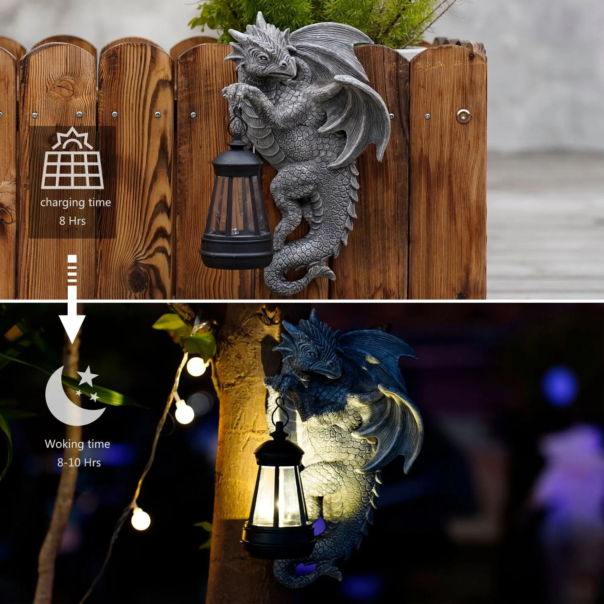 Solar-Powered Dragon Statue with LED Lantern - Gothic Outdoor Wall Hanging Decor