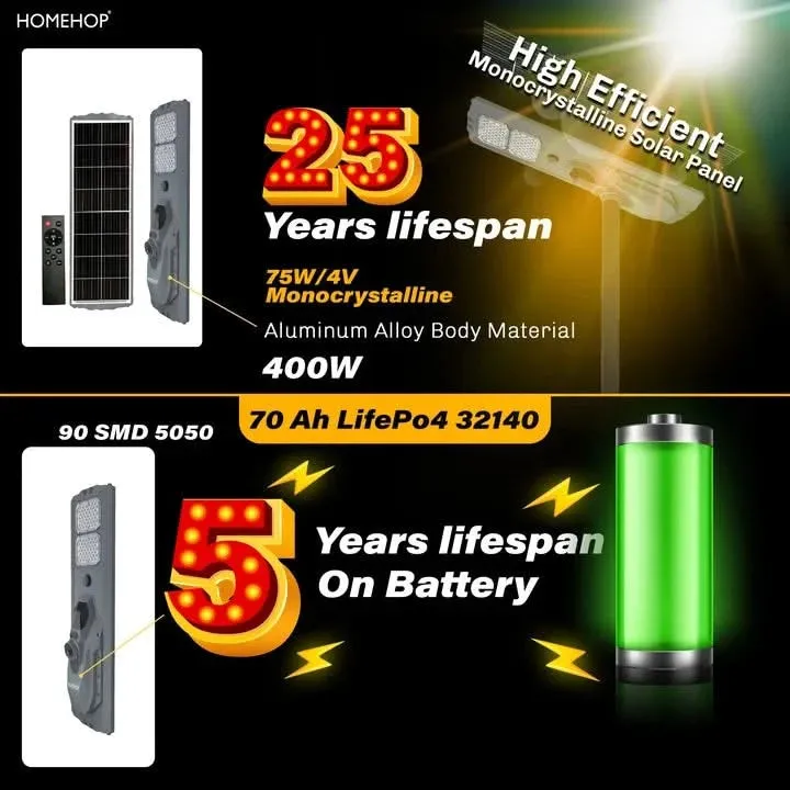 Solar Street Lantern Waterproof 400W Led Automatic Sensor Night Light For Home, Garden and Outdoor