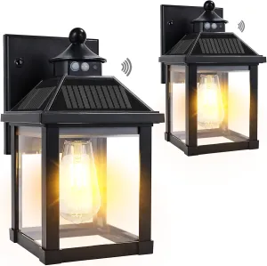 Solar Wall Lights Outdoor: Large Size Solar Porch Sconce Lights Motion Sensor with 3 Lighting Modes Dusk to Dawn - Waterproof Lantern Fixture for Front Door Garage Porch Yard Fence (2 Pack)