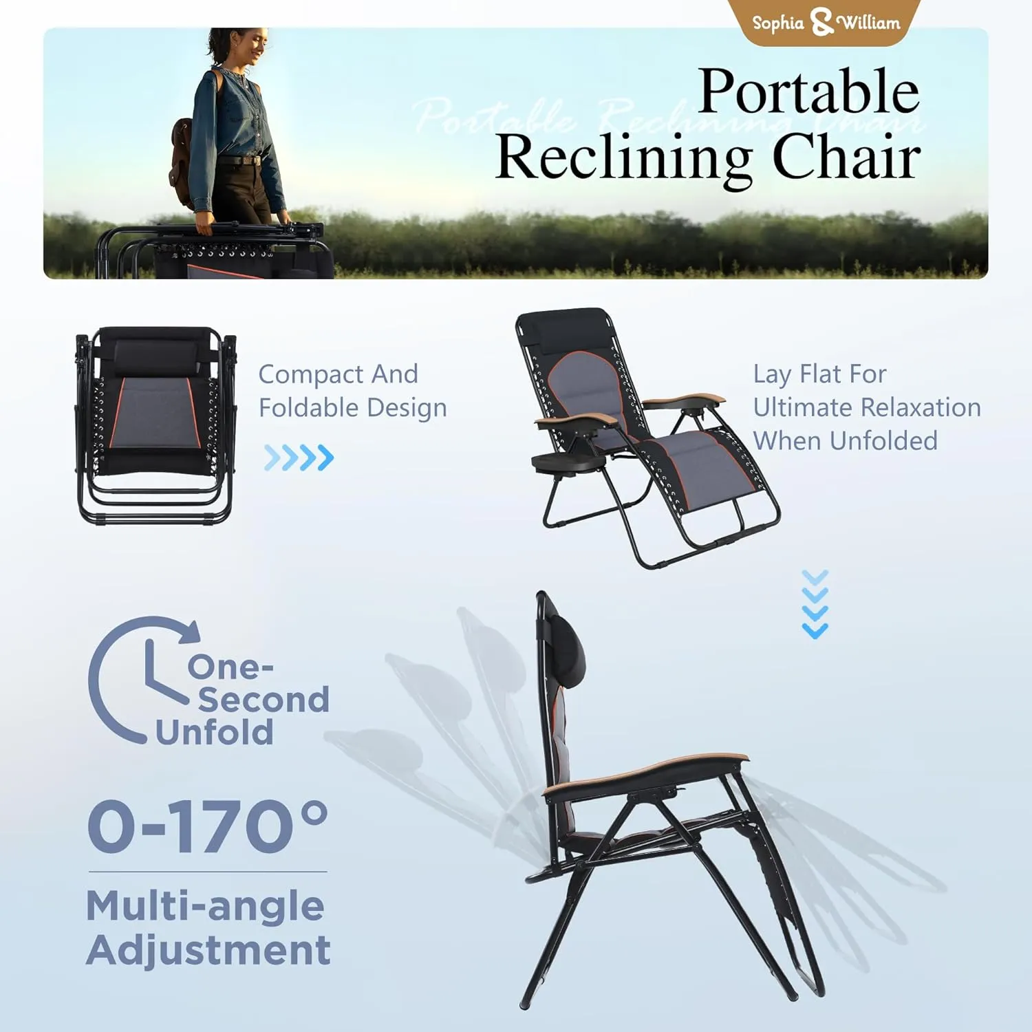 Sophia & William Oversized XL Zero Gravity Recliner Chair Padded Reclining Lounge Chair with Cup Holder, Support 400 LBS, Black