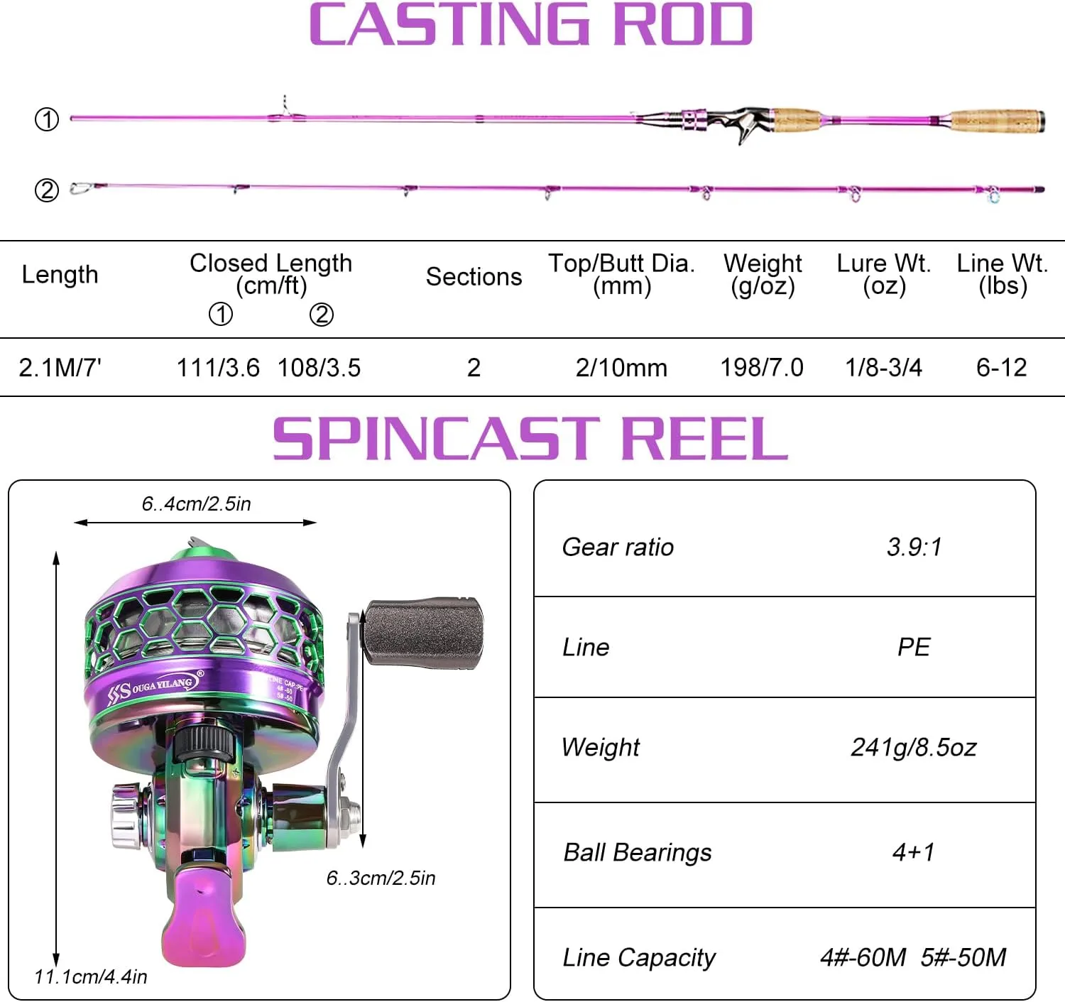 Souagyilang Spincast Fishing Rod Reel Combo,2 Pieces Medium Heavy Pole with Super Smooth Reel Trouble-Free Push-Button Bait Casting Design for Freshwater