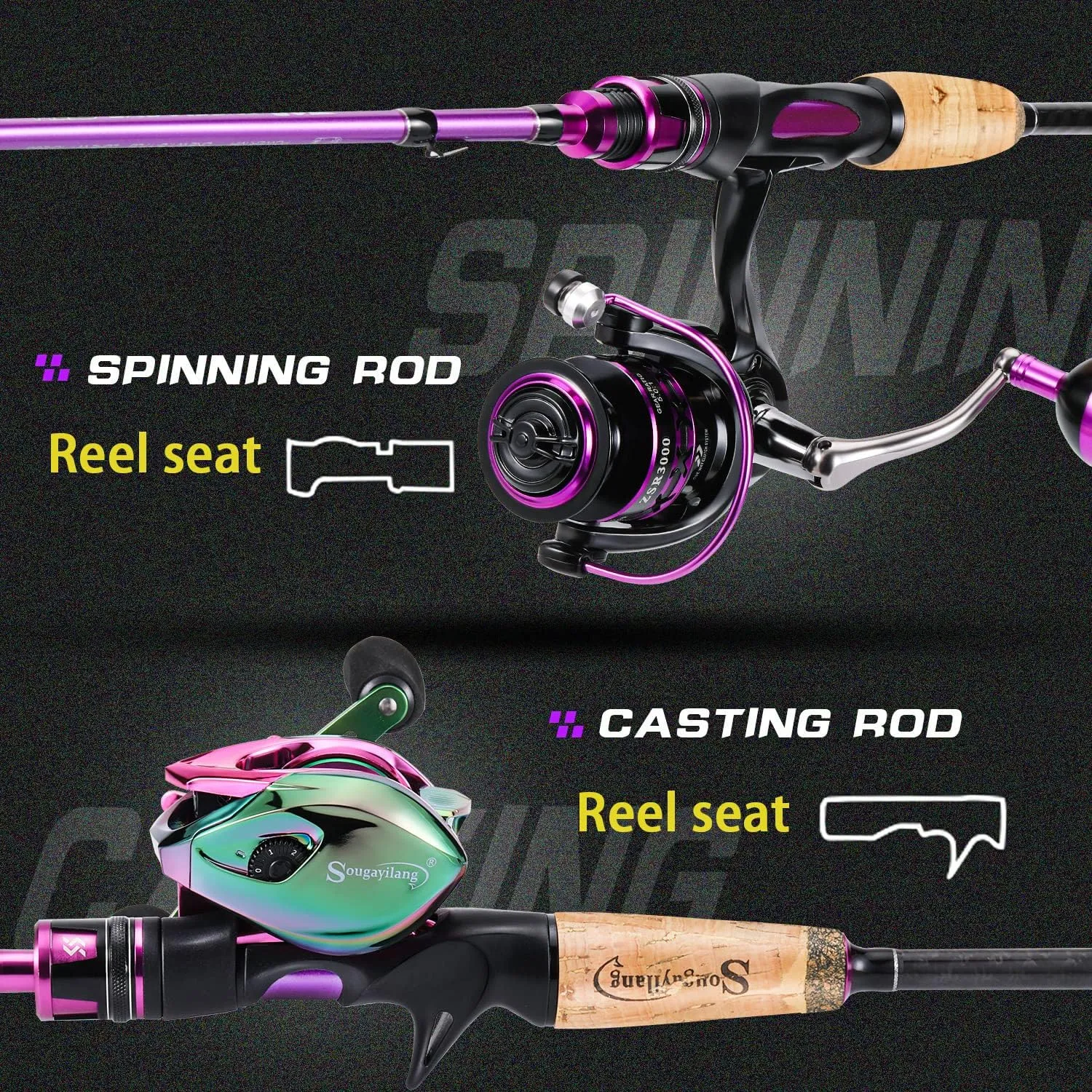 Sougayilang Fishing Pole, 2PC Spinning Rod with EVA and Cork Handle Grip, Baitcasting Rod for Freshwater Fishing Rod