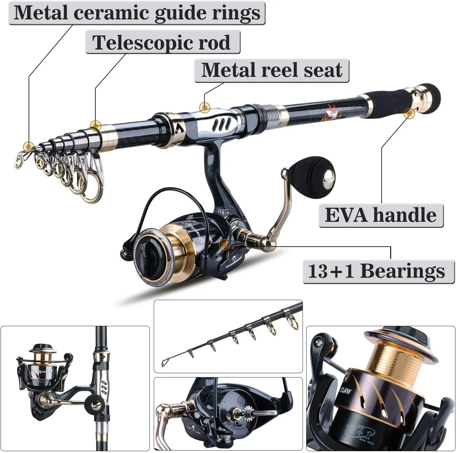 Sougayilang Telescopic Fishing Rod and Reel Combos Full Kit, Carbon Fiber Fishing Pole, 13  1 Shielded Bearings Stainless Steel BB Spinning Reel with Suitcase Fishing Kit