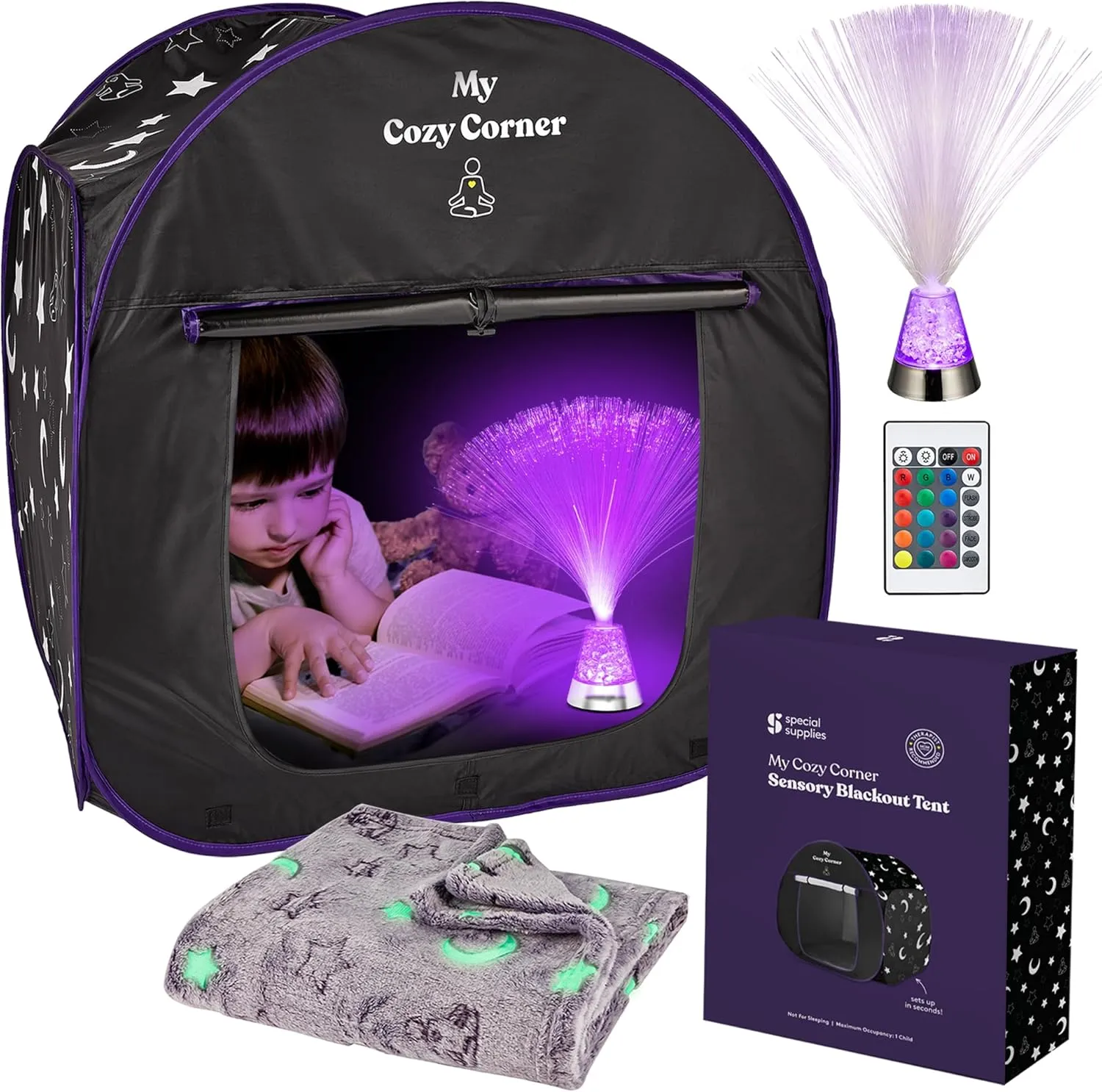 Special Supplies Blackout Sensory Tent for Kids, Pop Up Calming Play Room with Fiber Optic Lamp and Glow-in-The-Dark Fuzzy Blanket