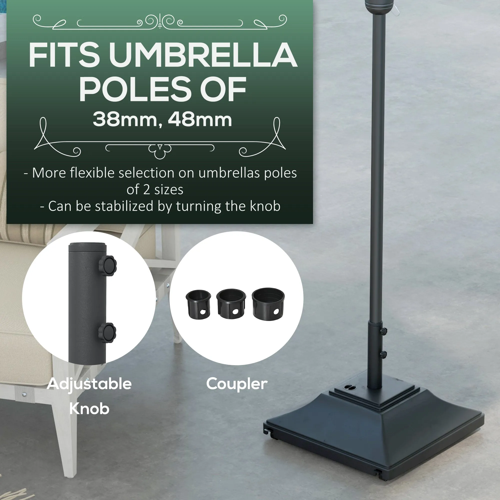 Square Parasol Base with Wheels, 45kg Water or 60kg Sand Filled, Heavy Duty HDPE Umbrella Stand with Double Adjustable Knob, Fillable Parasol Stand for 38mm and 48mm Poles, Black