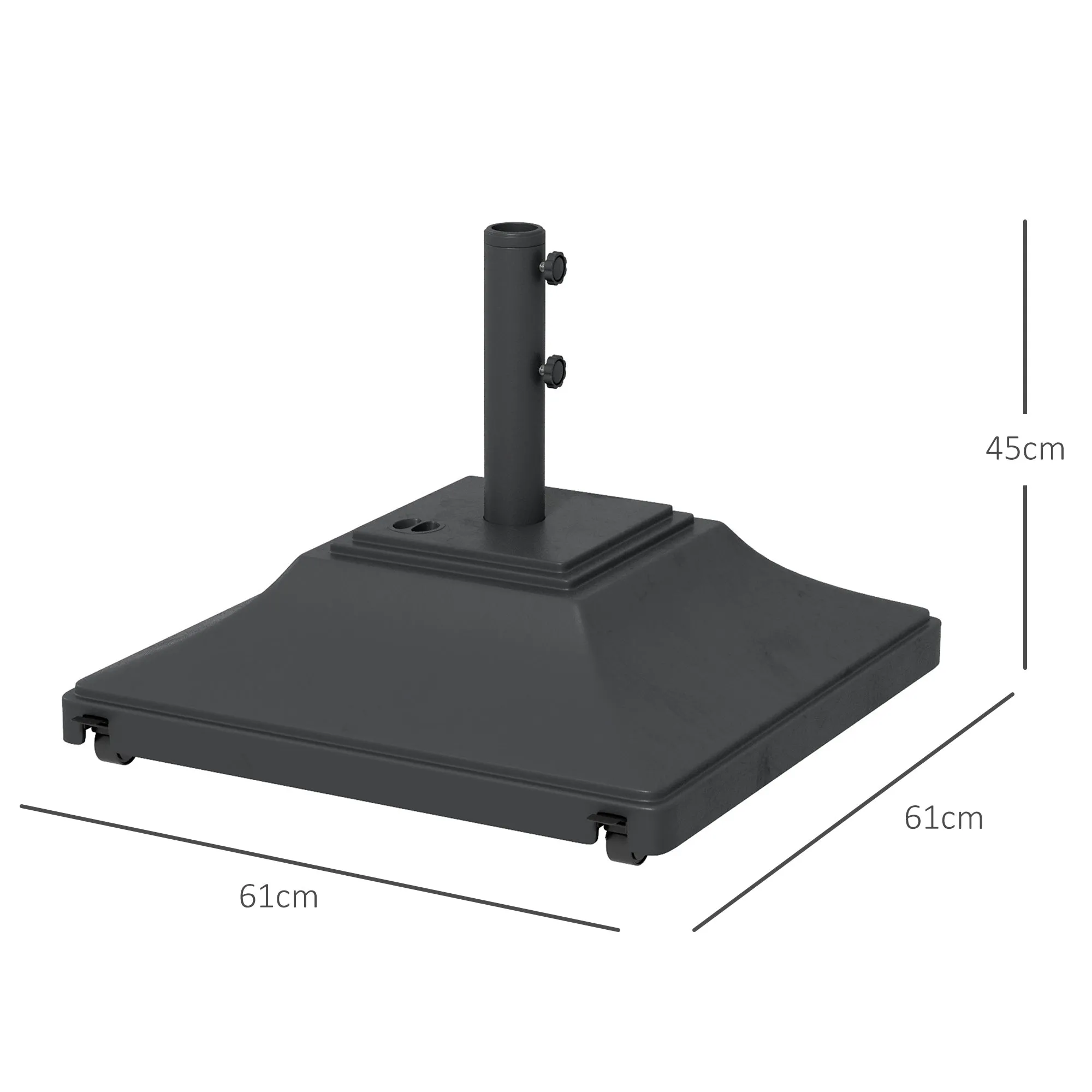 Square Parasol Base with Wheels, 45kg Water or 60kg Sand Filled, Heavy Duty HDPE Umbrella Stand with Double Adjustable Knob, Fillable Parasol Stand for 38mm and 48mm Poles, Black