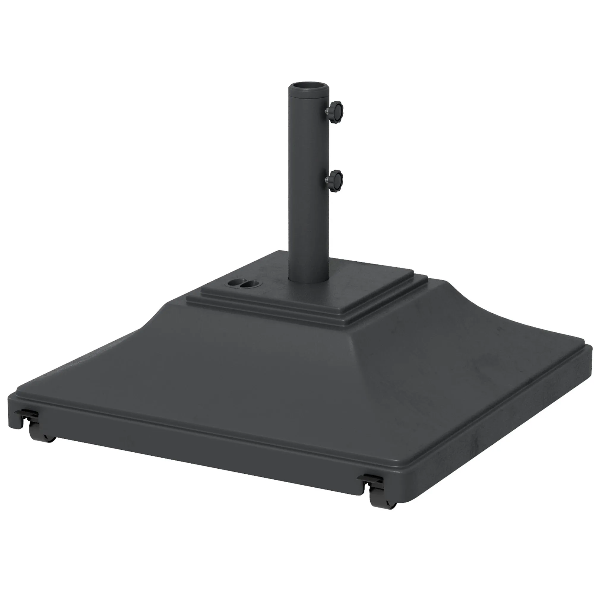 Square Parasol Base with Wheels, 45kg Water or 60kg Sand Filled, Heavy Duty HDPE Umbrella Stand with Double Adjustable Knob, Fillable Parasol Stand for 38mm and 48mm Poles, Black