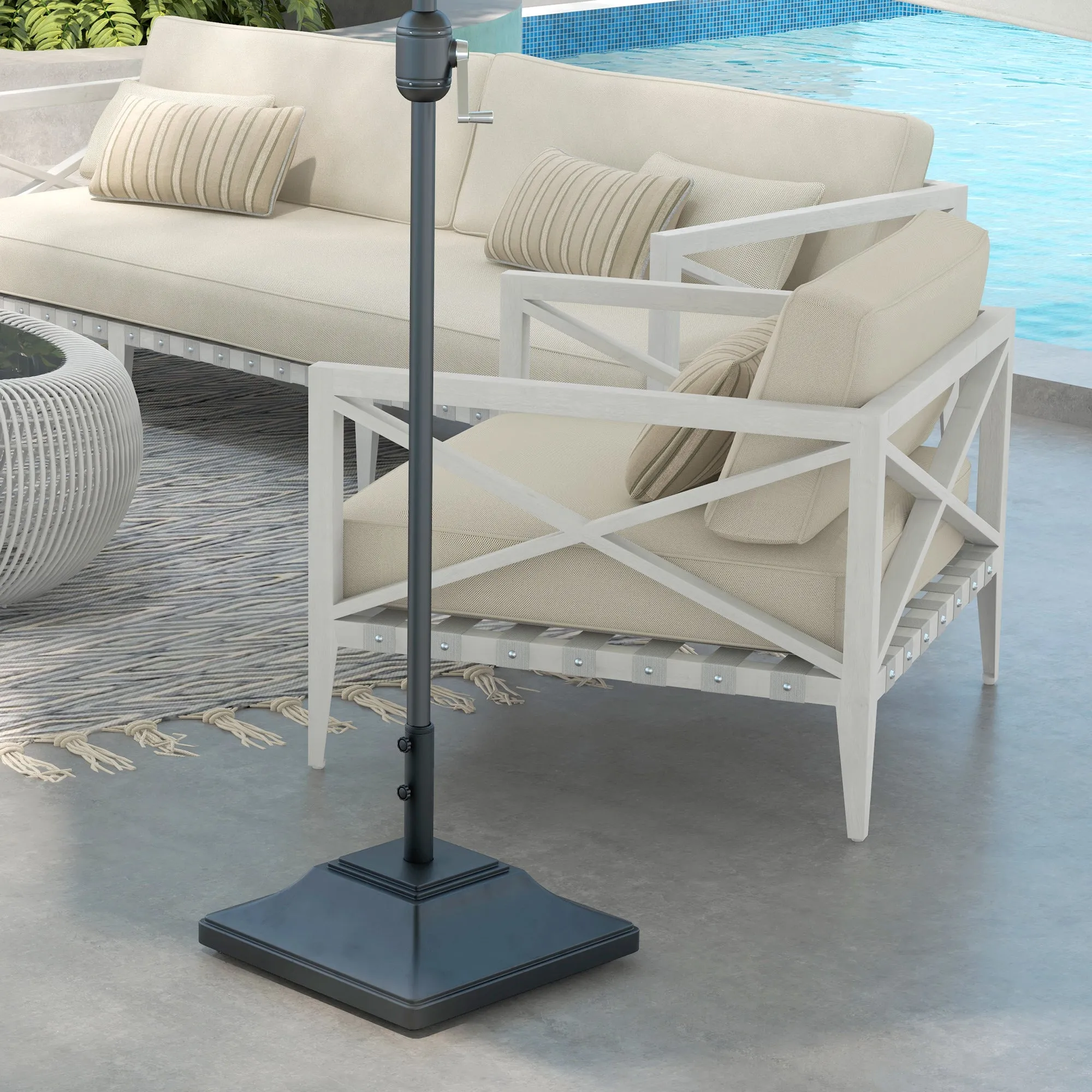 Square Parasol Base with Wheels, 45kg Water or 60kg Sand Filled, Heavy Duty HDPE Umbrella Stand with Double Adjustable Knob, Fillable Parasol Stand for 38mm and 48mm Poles, Black