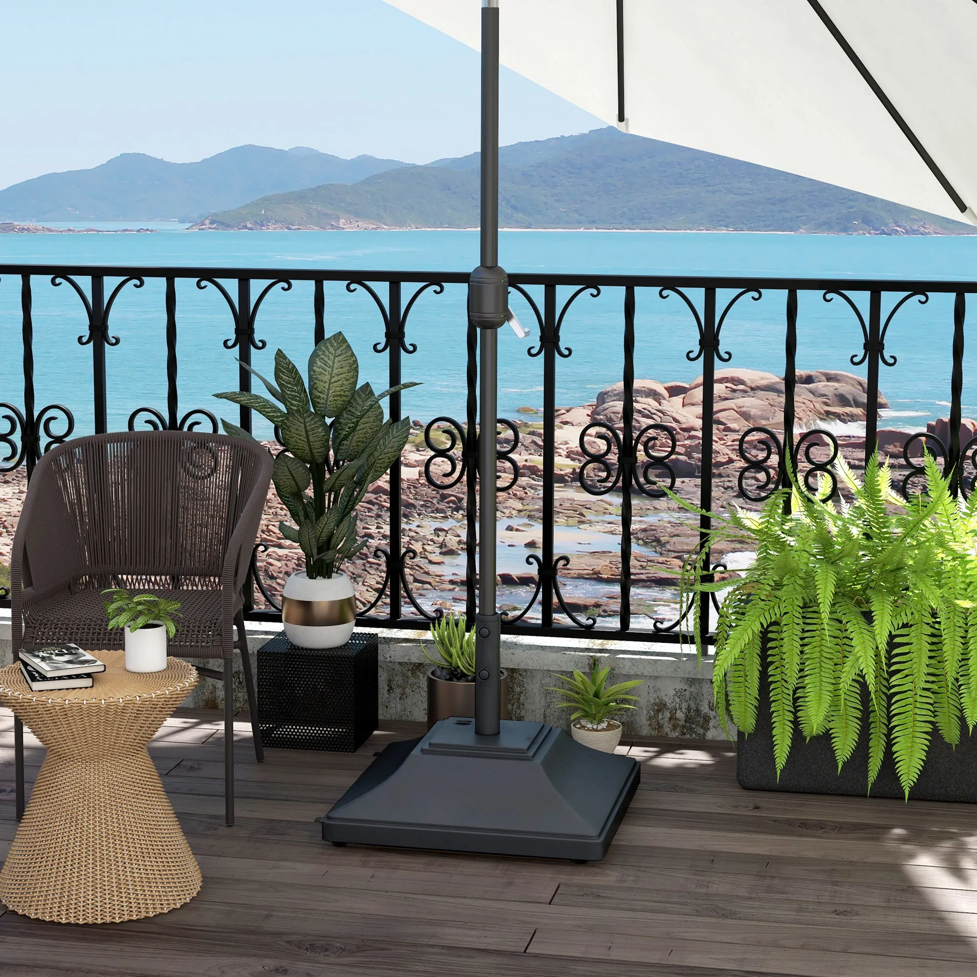 Square Parasol Base with Wheels, 45kg Water or 60kg Sand Filled, Heavy Duty HDPE Umbrella Stand with Double Adjustable Knob, Fillable Parasol Stand for 38mm and 48mm Poles, Black