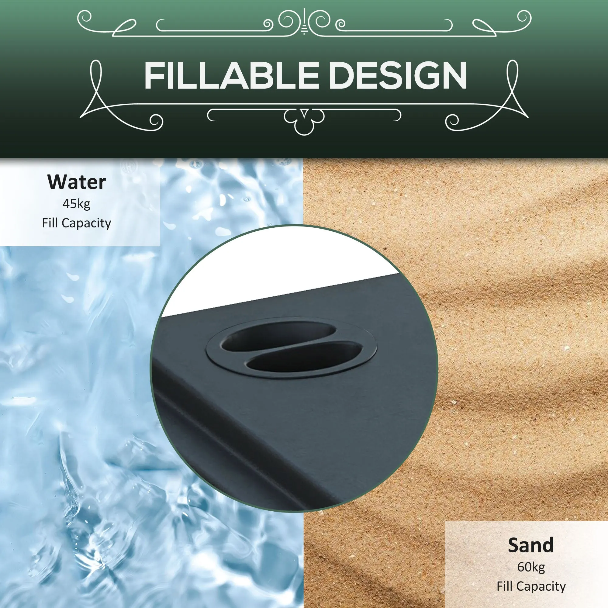 Square Parasol Base with Wheels, 45kg Water or 60kg Sand Filled, Heavy Duty HDPE Umbrella Stand with Double Adjustable Knob, Fillable Parasol Stand for 38mm and 48mm Poles, Black