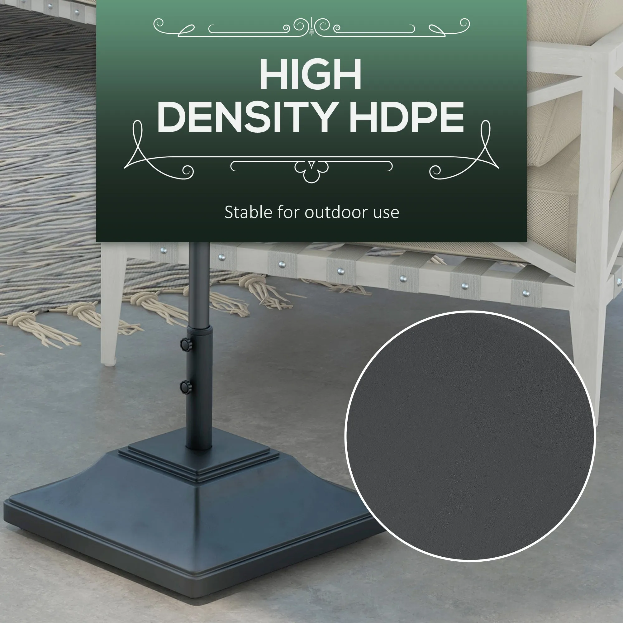 Square Parasol Base with Wheels, 45kg Water or 60kg Sand Filled, Heavy Duty HDPE Umbrella Stand with Double Adjustable Knob, Fillable Parasol Stand for 38mm and 48mm Poles, Black
