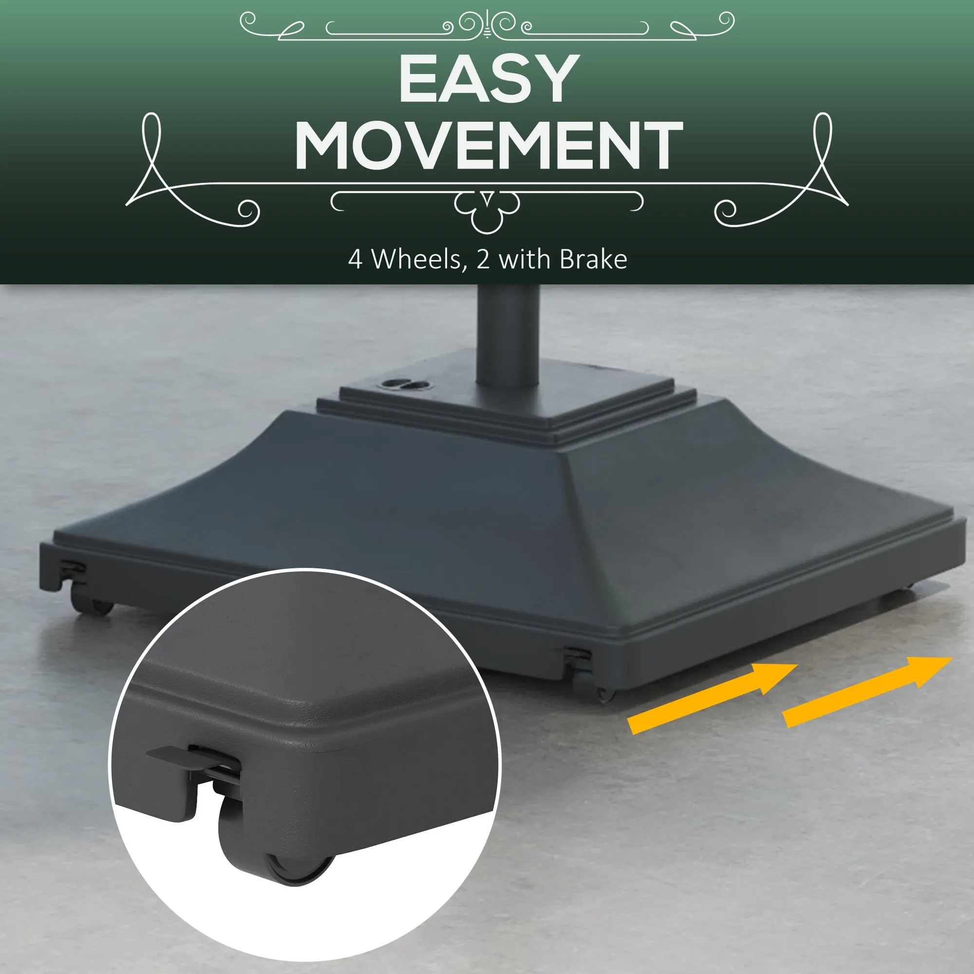 Square Parasol Base with Wheels, 45kg Water or 60kg Sand Filled, Heavy Duty HDPE Umbrella Stand with Double Adjustable Knob, Fillable Parasol Stand for 38mm and 48mm Poles, Black