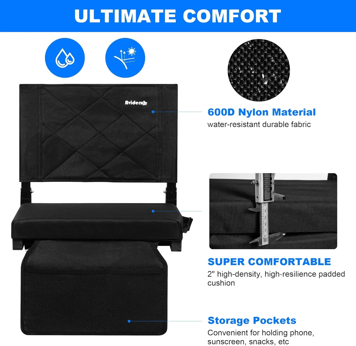 Stadium Seats for Bleacher Chairs with Back Support and Soft Cushion, Wide Portable 600D Water-Resistant Padded Stadium Seat