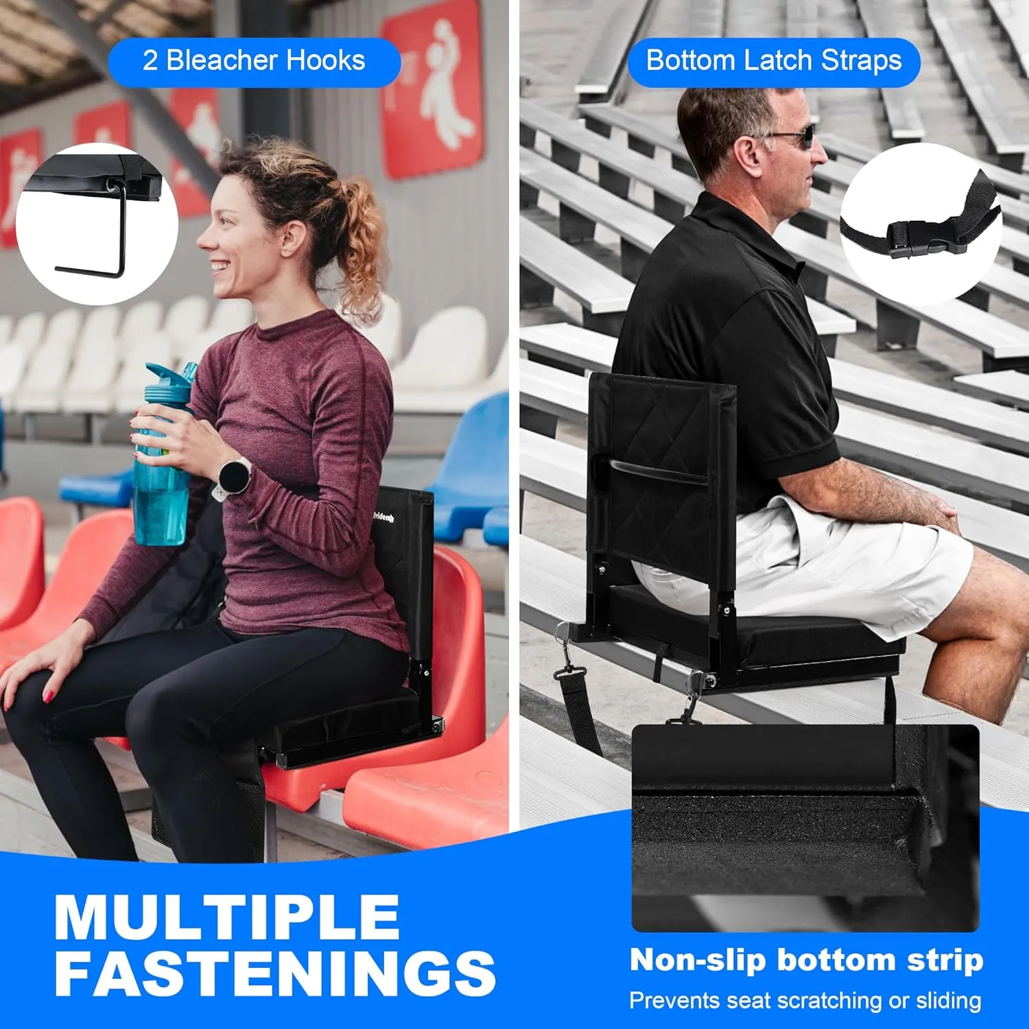 Stadium Seats for Bleacher Chairs with Back Support and Soft Cushion, Wide Portable 600D Water-Resistant Padded Stadium Seat