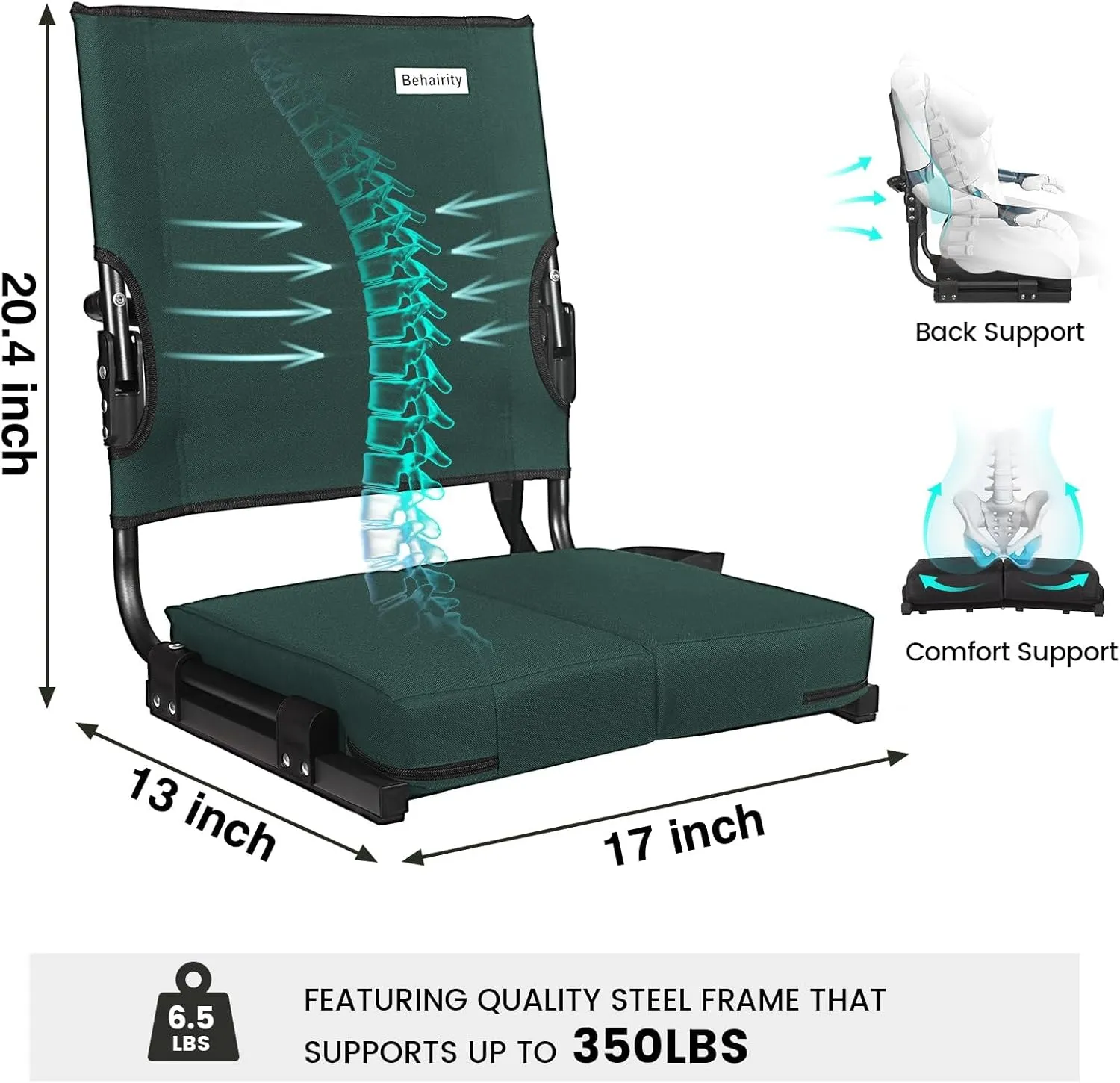 Stadium Seats for Bleachers with Back Support Wide, Portable Bleacher Chairs with Highest Back and Thick Cushion, Folding Padded Stadium Chair for Adults at Sports Events and Concerts (Hunter Green)