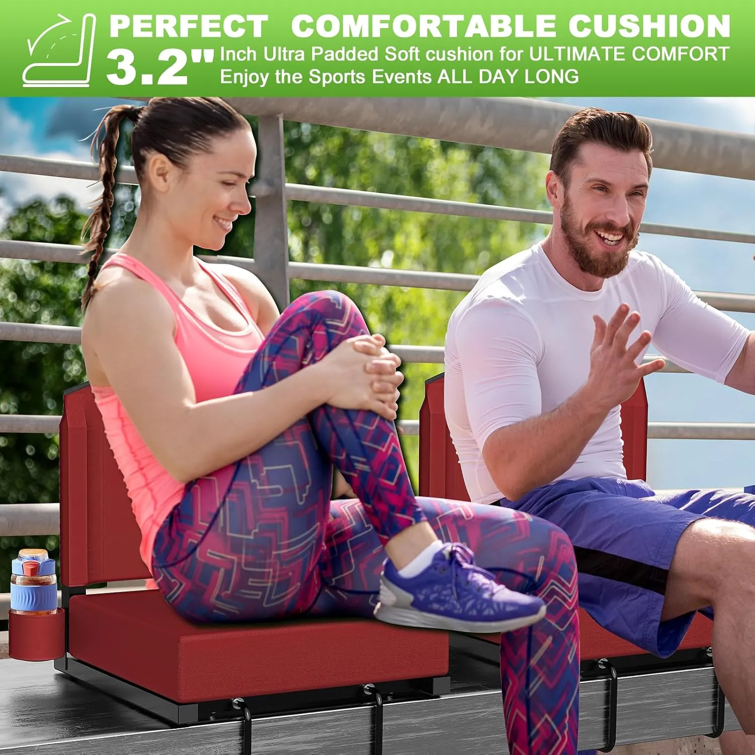 Stadium Seats with Back Support, Portable Bleacher Seat for Bleachers Hold up 400lbs, Wide Bleacher Seat with Shoulder Strap & Handle Perfect for Sports Events (Red, 1pcs)