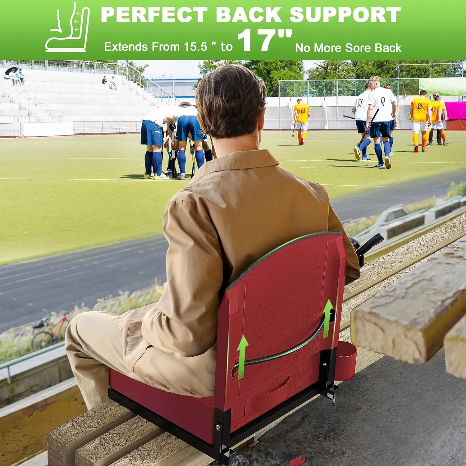 Stadium Seats with Back Support, Portable Bleacher Seat for Bleachers Hold up 400lbs, Wide Bleacher Seat with Shoulder Strap & Handle Perfect for Sports Events (Red, 1pcs)