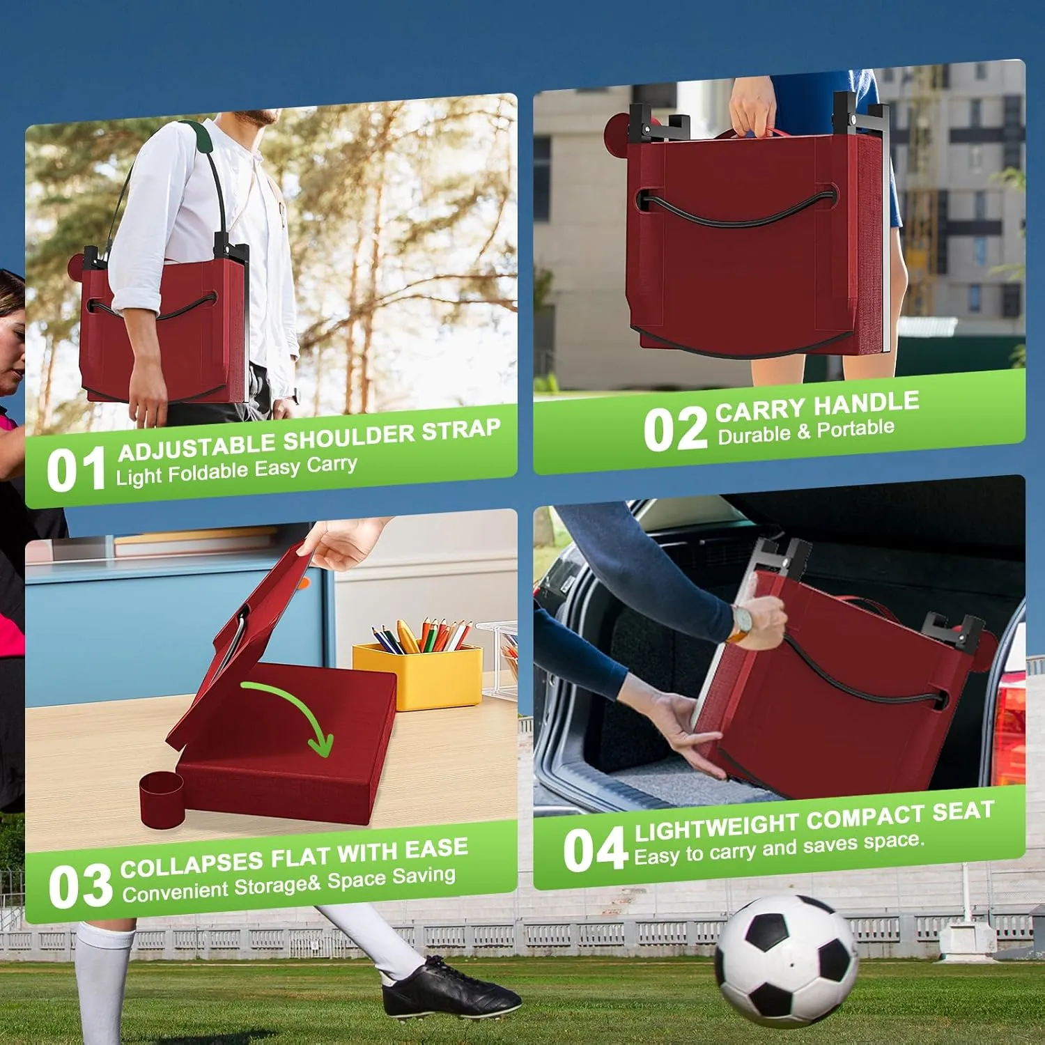 Stadium Seats with Back Support, Portable Bleacher Seat for Bleachers Hold up 400lbs, Wide Bleacher Seat with Shoulder Strap & Handle Perfect for Sports Events (Red, 1pcs)