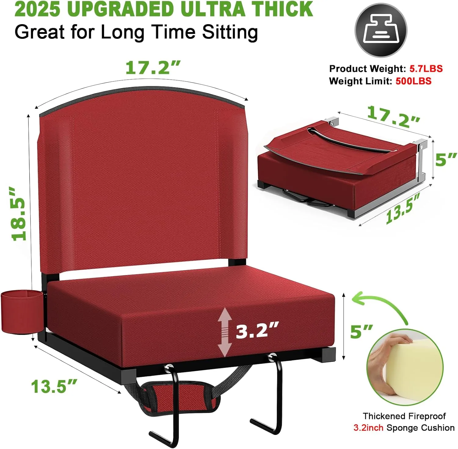 Stadium Seats with Back Support, Portable Bleacher Seat for Bleachers Hold up 400lbs, Wide Bleacher Seat with Shoulder Strap & Handle Perfect for Sports Events (Red, 1pcs)