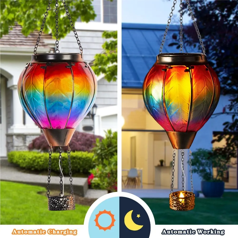 Starsoul Hot Air Balloon Solar Lantern with Candle Holder Solar Hot Air Balloon Flickering Flame Hanging Garden Light Waterproof Glass Hot Air Balloon Solar Lamp Decorative for Lawn Porch Tree Yard