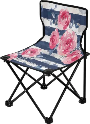 Striped Roses Portable Outdoor Folding Chair Anti-Slip Padded Oxford Cloth Stool Camping Chair Small for Beach Hiking Fishing Gardening Quad Camp Chair