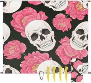 Sugar Skull Flowers Beach Blanket with Stakes, 68X59 Inch Waterproof Lightweight Sand Free Beach Mat, Quick Drying Picnic Mat for Beach Festival,Picnic,Travel, Outdoor Camping
