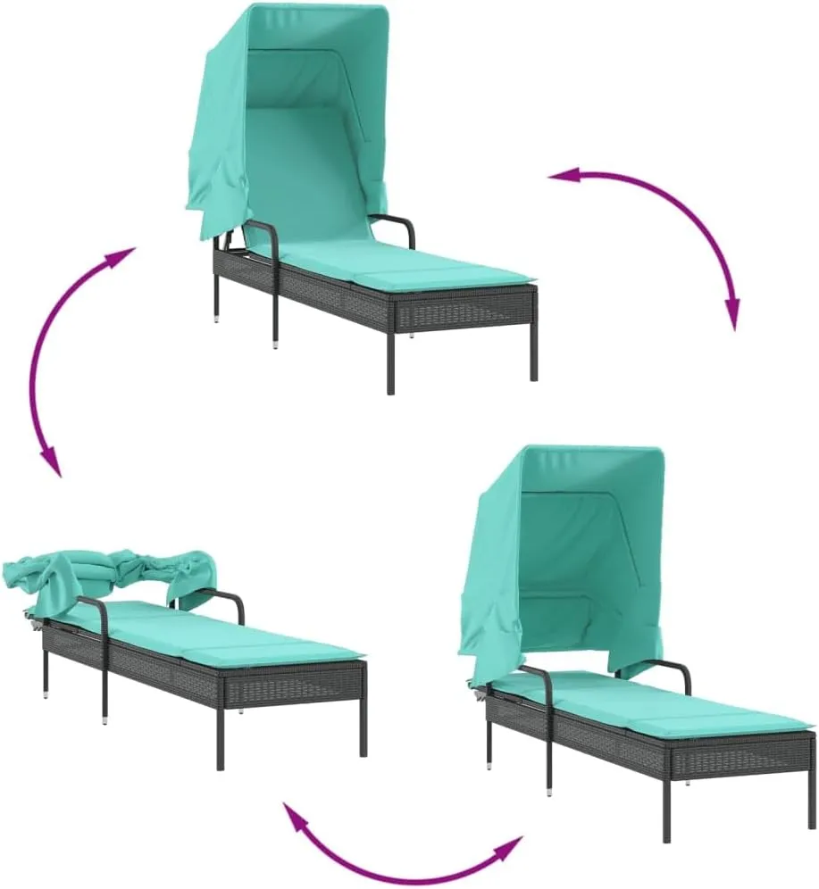 Sun Loungers 2 pcs with Canopies and Table Black Poly Rattantanning Chair Patio Chairs Camping Chairs Recliner chairSuitable for Gardens, courtyards