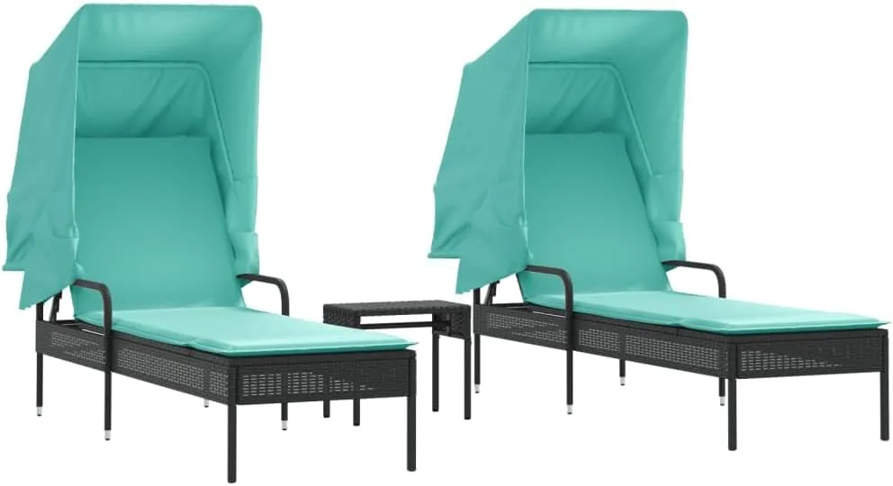 Sun Loungers 2 pcs with Canopies and Table Black Poly Rattantanning Chair Patio Chairs Camping Chairs Recliner chairSuitable for Gardens, courtyards